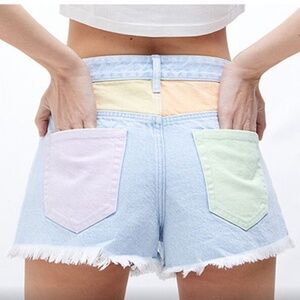 PacSun Denim Shorts Eco Rainbow Festival High Rise Paneled Rare Find Size 24